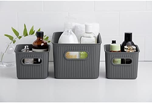Superio Ribbed Collection - Decorative Plastic Basket Open Home Storage Bins Organizer, Grey (Set of 4) 1 Large, 1 Medium, 2 Small - Container Boxes for Organizing Closet Storage Bins for Shelves - Image 3