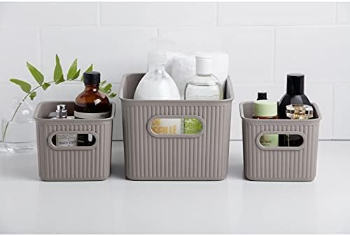 Superio Ribbed Collection - Decorative Plastic Basket Open Home Storage Bins Organizer, Taupe (Set of 3) 1 Medium, 2 Small - Container Boxes for Organizing Closet Storage Bins for Shelves - Image 3