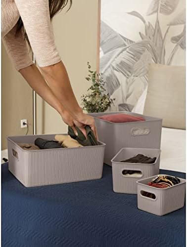 Superio Ribbed Collection - Decorative Plastic Basket Open Home Storage Bins Organizer, Taupe (Set of 4) 1 Large, 1 Medium, 2 Small - Container Boxes for Organizing Closet Storage Bins for Shelves - Image 5
