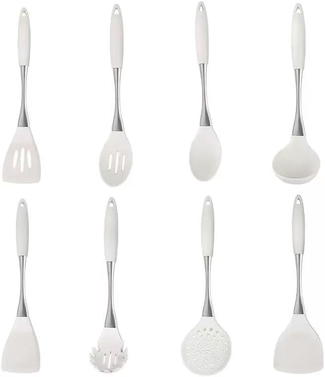 8-Piece Silicone Kitchen Utensil Set, White and Gold, Heat Resistant Cooking Tools with Comfort Handles- Includes Spatula & Spoon for Nonstick Cookware (White and silvery) by Unknown