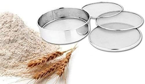 Flour Sifter, Stainless Steel Fine Mesh Strainers Flour Sieve, Sieve Fine Mesh Kitchen Home Flour Sieve with 4 Different Design Shape Disks (Jaali), Aata Chalani Durable Professional Round - Silver - Image 5