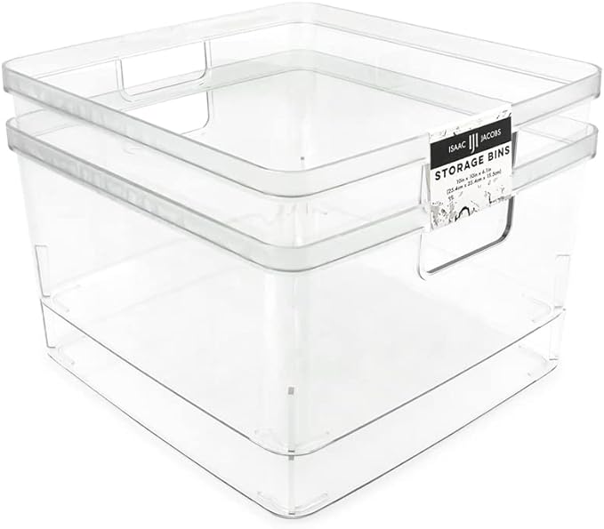 Isaac Jacobs 2-Pack Square Clear Storage Bins (10” L x 10” W x 6.1” H) | Cutout Handles, Plastic Organizer for Home, Office, Kitchen, Fridge/Freezer, Bathroom, BPA Free, Food Safe (2-Pack, Square) by IsaacJacobs