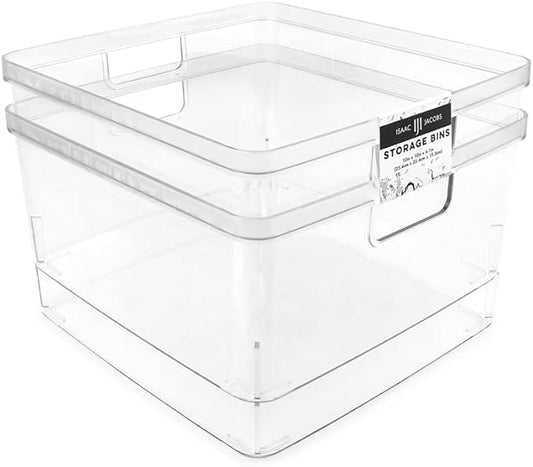 Isaac Jacobs 2-Pack Square Clear Storage Bins (10” L x 10” W x 6.1” H) | Cutout Handles, Plastic Organizer for Home, Office, Kitchen, Fridge/Freezer, Bathroom, BPA Free, Food Safe (2-Pack, Square) by IsaacJacobs