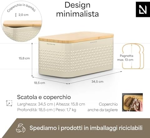 LARS NYSØM Bread Box I Metal bread box for long lasting freshness with non-slip pads I Baked goods Bin with bamboo lid usable as cutting board I 13.6x7.3x6.2in (Almond Beige) - Image 2