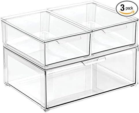mDesign Plastic Stackable Bathroom Storage Organizer Bin Containers with Front Pull Drawer for Bathroom Countertop, Vanity, Closet Shelves - Holder for Accessories, Lumiere Collection, Set of 3, Clear by mDesign