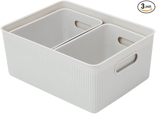 Superio Ribbed Collection - Decorative Plastic Basket Open Home Storage Bins Organizer, White Smoke (Set of 3) 1 Large, 2 Medium - Container Boxes for Organizing Closet Storage Bins for Shelves by Superio