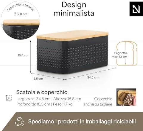 LARS NYSØM Bread Box I Metal bread box for long lasting freshness with non-slip pads I Baked goods Bin with bamboo lid usable as cutting board I 13.6x7.3x6.2in (Carbon Black) - Image 2