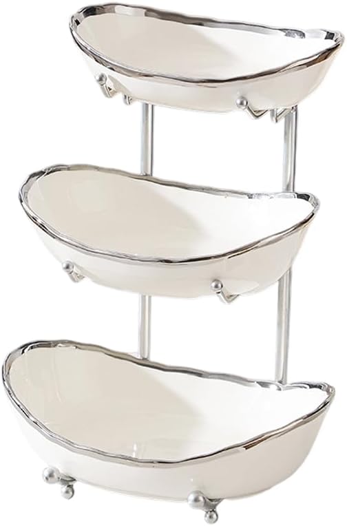 3 Tier Fruit Bowls For Kitchen Counter, Ceramic Fruit Basket Stand | Metal Fruit Serving Tray, Large Capacity, Snacks Nuts Cake Storage Holder for Party, Silver 1 by jessie