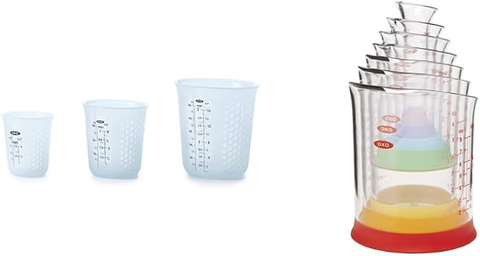 OXO Good Grips 3 Piece Squeeze & Pour Silicone Measuring Cup Set (Blue) and OXO Good Grips 7-Piece Nesting Measuring Beaker Set by OXO