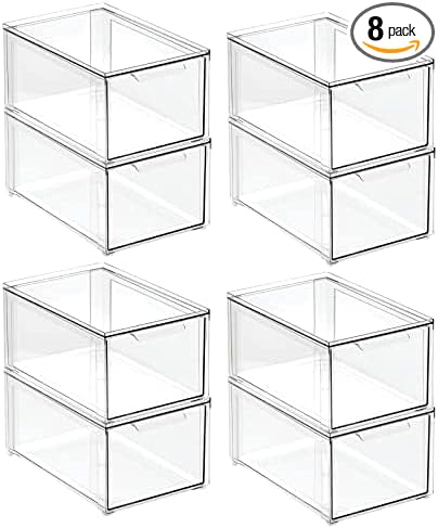 mDesign Plastic Stackable Bathroom Storage Organizer Bin with Pull Out Drawer for Cabinet, Vanity, Shelf, Cupboard, Cabinet, or Closet Organization - Lumiere Collection - 8 Pack - Clear by mDesign