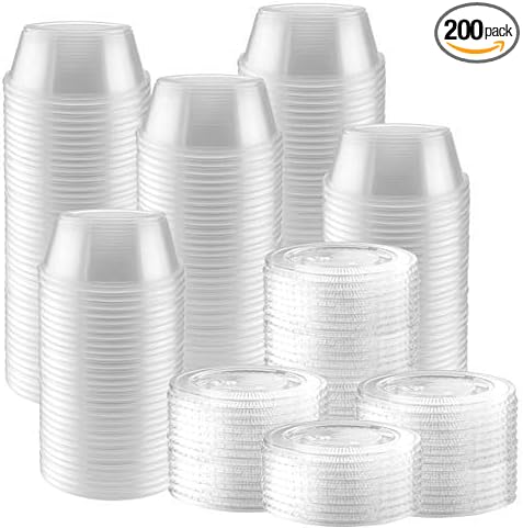 200-Pack of Clear Plastic Jello Shot Cup Containers with Snap on Leak Proof Lids Jello Shooter Shot Cups Compact Food Storage for Portion Control, 1-2-5 oz Sauces Liquid Dips 2 oz by NYHI