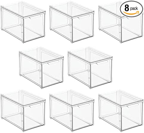mDesign Plastic Stackable Bathroom Storage with Pull Out Bin Organizer Drawer for Cabinet, Vanity, Shelf, Cupboard, Cabinet, or Closet Organization - Lumiere Collection - 8 Pack - Clear by mDesign