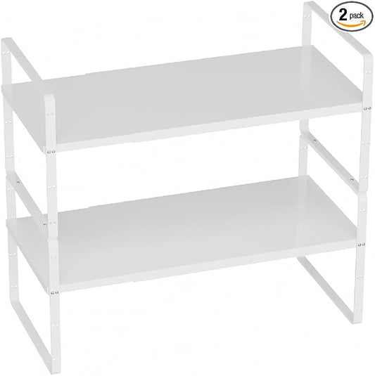 Slideep Expandable Counter Organizer Shelf, Stackable Cabinet Shelves Organizer Storage Rack Cupboard Stand Spice Rack for Kitchen Bathroom Pantry White -2 Set by WelcometotheSlideep