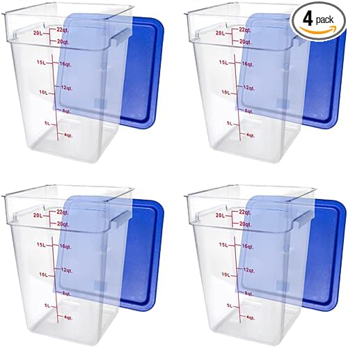 Tiger Chef 22 Quart Commercial Grade Clear Food Storage Square Polycarbonate Containers with Blue Lids (4 Pack) by TigerChef