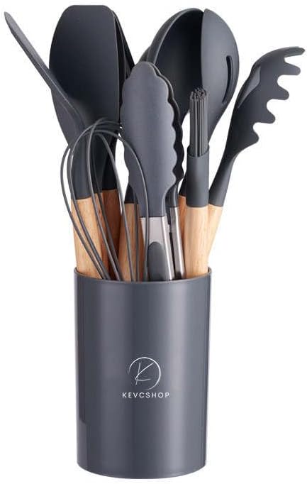 Deluxe 12-Piece Silicone Kitchen Utensils Set with Durable Cooking Tools - Heat Resistant Nonstick Cookware Essentials, Includes Spoon, Spatula, Ladle, and Utensil Set Holder (Dark Grey) by Kevcshop