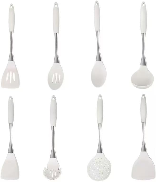 8-Piece Silicone Kitchen Utensil Set, White and Gold, Heat Resistant Cooking Tools with Comfort Handles- Includes Spatula & Spoon for Nonstick Cookware (White and silvery) - Image 9