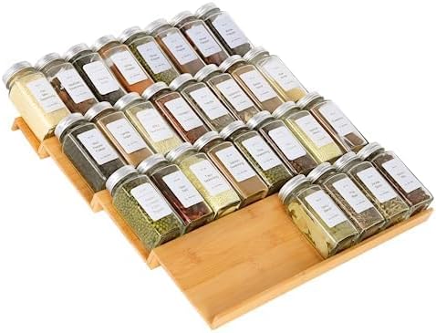 Spice Drawer Organzier,4 Tiers Bamboo Spice Rack Tray Insert for Cabinet Drawer Countertop, Kitchen Seasoning Storage Drawer Organization,14.57" Wide x 15.8" Deep （Hold UP To 32 Jars by KitHero