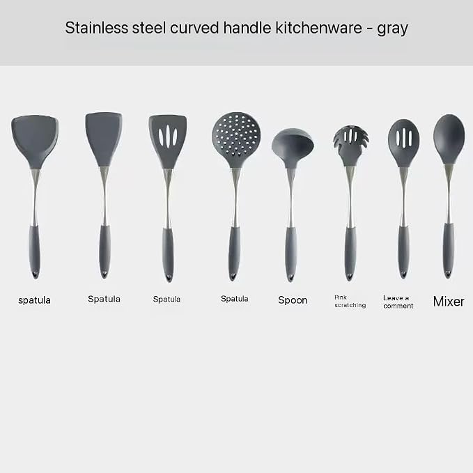 8-Piece Silicone Kitchen Utensil Set, Grey & silvery 304 Stainlss Steel, Heat Resistant Cooking Tools with Comfort Handles- Includes Spatula & Spoon for Nonstick Cookware (Grey & silvery) - Image 8