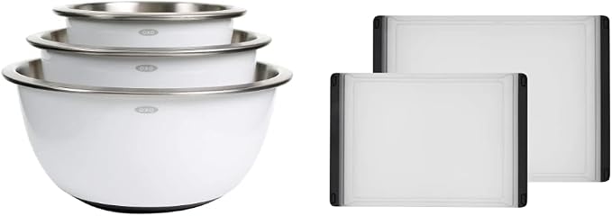 OXO Good Grips 3-Piece Stainless Steel Mixing Bowl Set (White) and 2-Piece Plastic Cutting Board Set by Unknown