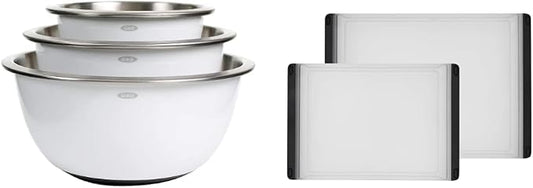 OXO Good Grips 3-Piece Stainless Steel Mixing Bowl Set (White) and 2-Piece Plastic Cutting Board Set by Unknown