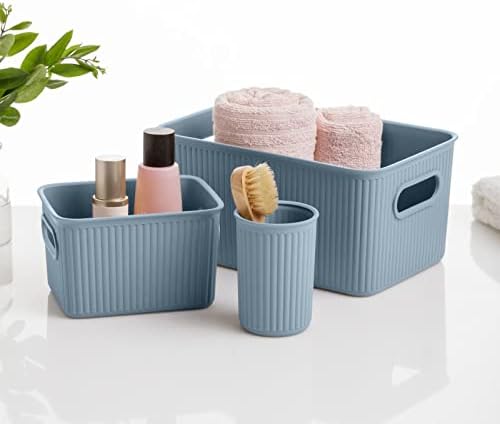 Superio Ribbed Collection - Decorative Plastic Basket Open Home Storage Bins Organizer, Blue (Set of 3) 1 Medium, 2 Small - Container Boxes for Organizing Closet Storage Bins for Shelves Drawer Shelf - Image 8
