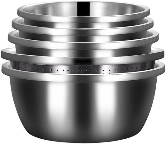 Stainless Steel Mixing Bowl Set with Colander 5-piece set, Round Nesting Bowls for Washing Vegetables, Beating Eggs, Draining, and Kneading Dough by Unknown