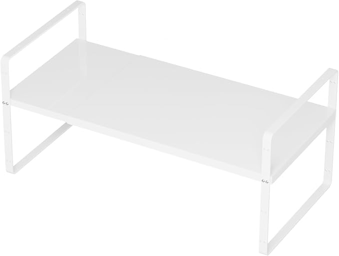 SANNO Expandable Kitchen Shelf Organizers, Large Kitchen Cupboard Organizer Stackable Counter Shelf Spice Rack Expandable Shelves,Pantry Storage Organization, White,1 pack by SANNO