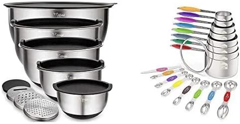 Wildone 5pcs Stainless Steel Mixing Bowls with Graters and 16pcs Measuring Cups & Spoons Set by Wildone