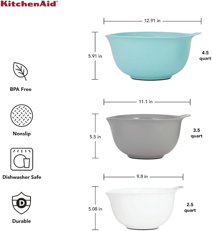 KitchenAid Universal Nesting Plastic Mixing Bowls,Set Of 3,2.5 quart,3.5 quart,4.5-quart,Non Slip Base with Easy Pour Spout to Reduce Mess,Dishwasher Safe,Aqua Sky,White,Gray,(Pack of 2) - Image 3