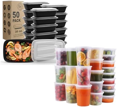 WGCC Meal Prep Containers 50Pack 38oz and Deli Containers with Lids 48 Sets-8oz, 16oz, 32oz, Leakproof, BPA Free/Microwave/Freezer/Dishwasher Safe by WGCC