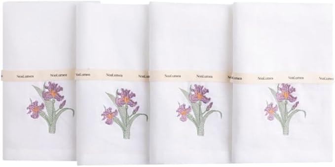 White Linen Napkins Set of 4-100% Pure Linen Embroidered Dinner Napkins 19 x 19 Inch for Spring, Summer Memorial Day - Botanical Embroidery (Lily Garden Collection) (Iris Garden Collection) by Noalumea