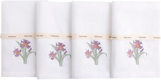 White Linen Napkins Set of 4-100% Pure Linen Embroidered Dinner Napkins 19 x 19 Inch for Spring, Summer Memorial Day - Botanical Embroidery (Lily Garden Collection) (Iris Garden Collection) by Noalumea