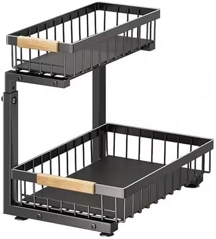 Lumela Under Sink Organizer, 2-Tier Slide-Out Cabinet Organizer Shelf, Height Adjustable Metal Pull-Out Storage Rack with Wood Handle for Kitchen & Bathroom Cabinets (Black) by LUXLIFE