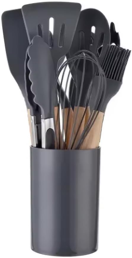 Silicone Cooking Utensils, 12pcs Silicone Cooking Utensils Kitchen Utensil Set, Heat Resistant Kitchen Cookware with Wooden Handle for Nonstick Cookware, Black by Unknown