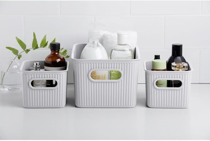 Superio Ribbed Collection - Decorative Plastic Basket Open Home Storage Bins Organizer, White Smoke (Set of 3) 1 Medium, 2 Small - Container Boxes for Organizing Closet Storage Bins for Shelves - Image 3