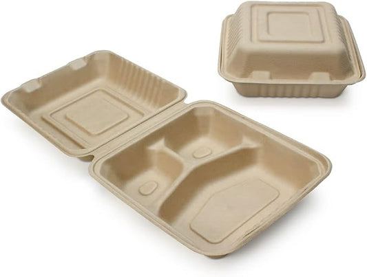 100% Compostable Disposable Food Containers with Lids [8”X8” 3-Comp 200 Pack] Eco-Friendly Take-Out TO-GO Containers, Heavy-Duty, Biodegradable, Unbleached by Earth's Natural Alternative by EarthsNaturalAlternative