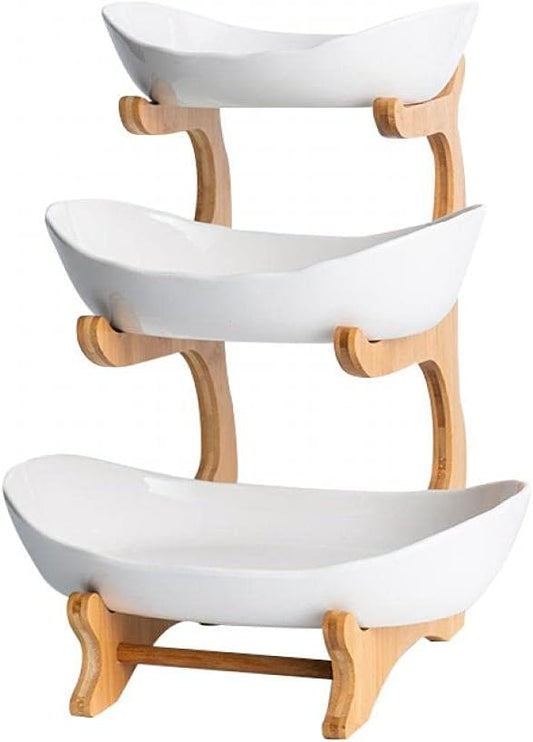 YYW 3 Tier Ceramic Fruit Basket with Bamboo Wood Stand for Kitchen Counter | Large Capacity Porcelain Fruit Bowl for Storing Fruits, Vegetables, Bread, and Snacks. Durable and Stylish Kitchen Storage by YYW
