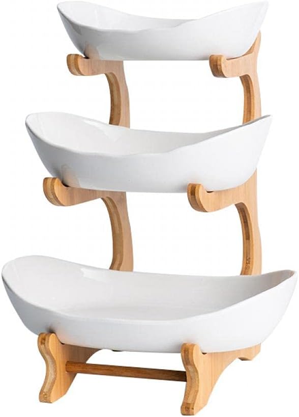 3 Tier Fruit Bowls For Kitchen Counter, Ceramic Fruit Basket Stand | Wooden Fruit Serving Tray, Large Capacity, Snacks Nuts Cake Storage Holder for Party (White porcelain) by jessie