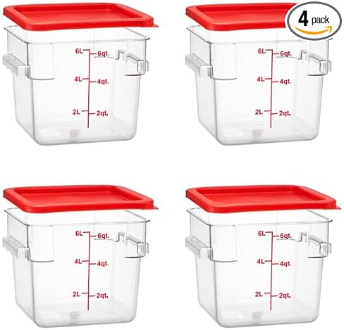 Tiger Chef 6 Quart Commercial Grade Clear Food Storage Square Polycarbonate Containers With Red Lids 4 Pack by TigerChef