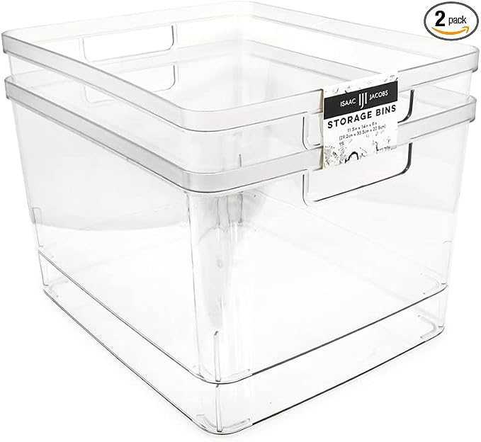 Isaac Jacobs 2-Pack Extra-Large Clear Storage Bins (11.5” L x 14” W x 9” H) | Cutout Handles, Plastic Organizer for Home, for Kitchen, Fridge, Pantry, BPA Free, Food Safe (2-Pack, Extra-Large) by IsaacJacobs
