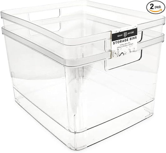 Isaac Jacobs 2-Pack Extra-Large Clear Storage Bins (11.5” L x 14” W x 9” H) | Cutout Handles, Plastic Organizer for Home, for Kitchen, Fridge, Pantry, BPA Free, Food Safe (2-Pack, Extra-Large) by IsaacJacobs