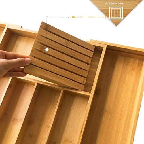 VaeFae Bamboo Silverware Drawer Organizer with Knife Block Set - Image 2