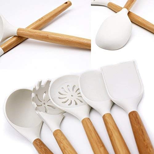 White Kitchen Utensils Set with Holder Silicone Cooking Utensils, Non-stick Durable Silicone & Beech Wood, Professional Heat-Resistant Set of 5 (Creamy White) - Image 7