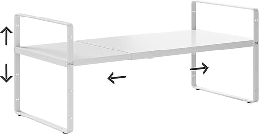 Expandable Cabinet Shelf Organizer, 16.5"~27''L, White | Stackable Metal Shelves, Adjustable Spices Rack Stand, For Kitchen Countertop Storage, For Cupboard Pantry, 8" W x 9.6" H by jkxoo