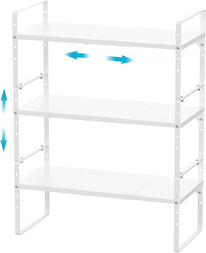 Expandable Cabinet Storage Shelf Organizer Rack, Heavy Duty Cupboard Stand Spice Rack Adjustable Height Garage Pantry Shelf Space Riser for Counter Kitchen Organization, White, 3 Pack by iPEGTOP