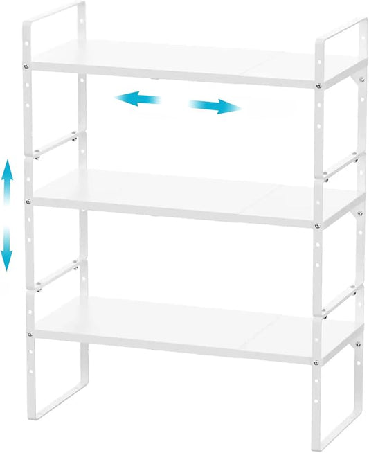 Expandable Cabinet Storage Shelf Organizer Rack, Heavy Duty Cupboard Stand Spice Rack Adjustable Height Garage Pantry Shelf Space Riser for Counter Kitchen Organization, White, 3 Pack by iPEGTOP