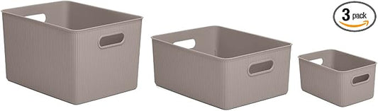 Superio Ribbed Collection - Decorative Plastic Basket Open Home Storage Bins Organizer, Taupe (Set of 3) 1 X-Large, 1 Large, 1 Medium - Container Boxes for Organizing Closet Storage Bins for Shelves by Superio