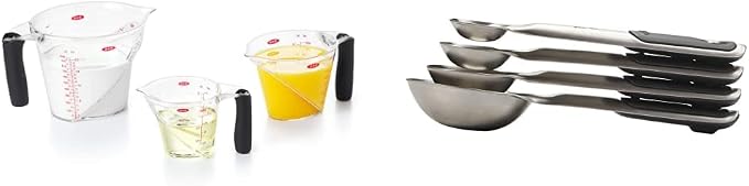 OXO Good Grips 3-Piece Angled Measuring Cup Set, Black & Good Grips 4 Piece Stainless Steel Measuring Spoons with Magnetic Snaps by Unknown