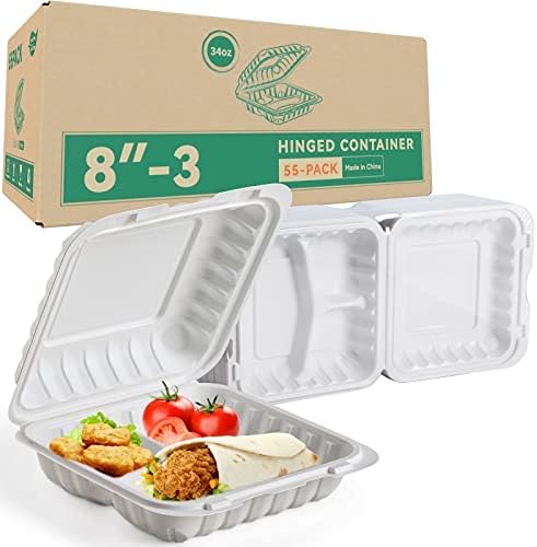 55-Pack 34oz 8 Inch Food Containers - Shrink Wrapped No Pre-Wash | 3-Compartment Reusable & Secure Snap Closure | Bpa Free Microwave Safe for Leftovers, Work Meals, Takeout & Meal Prep, White by LEOBOX