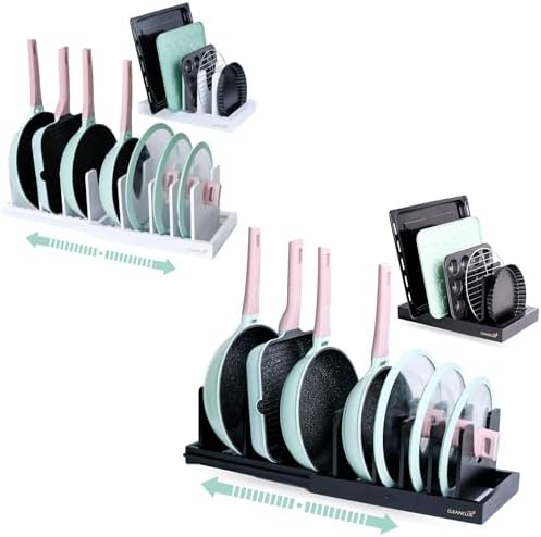 CLEANCLUE Bamboo Pot and Pan Organizers for Kitchen Cabinet Bundle: Black and White - Expandable with Adjustable Dividers by cleanclue
